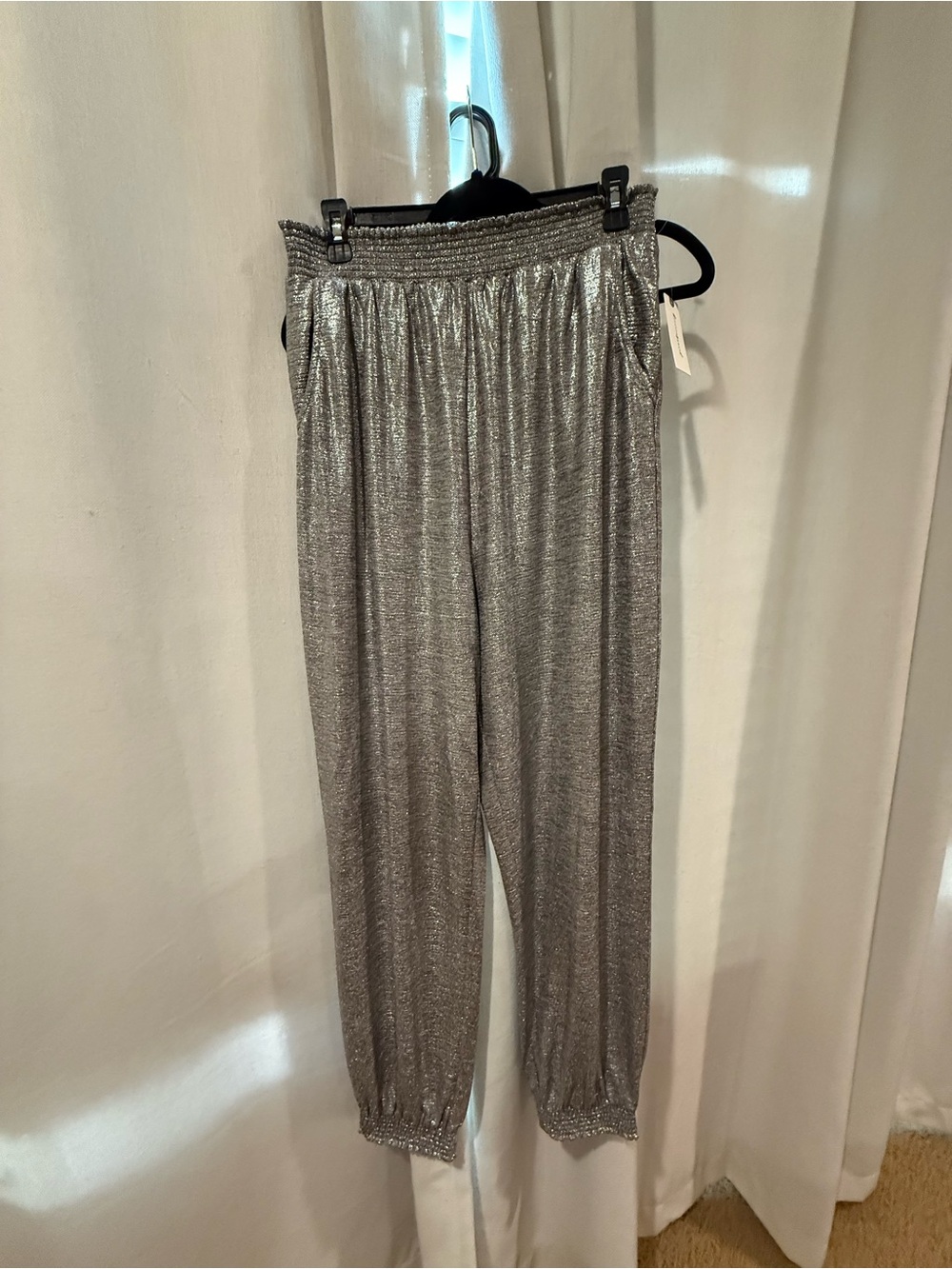 Anthropologie Metallic Silver Smocked-Waist Joggers